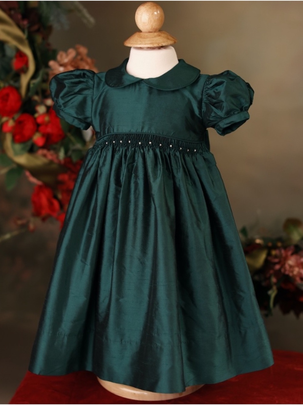 Strasburg Emerald Green Silk Peter Pan Collar Dress with Puff Sleeves